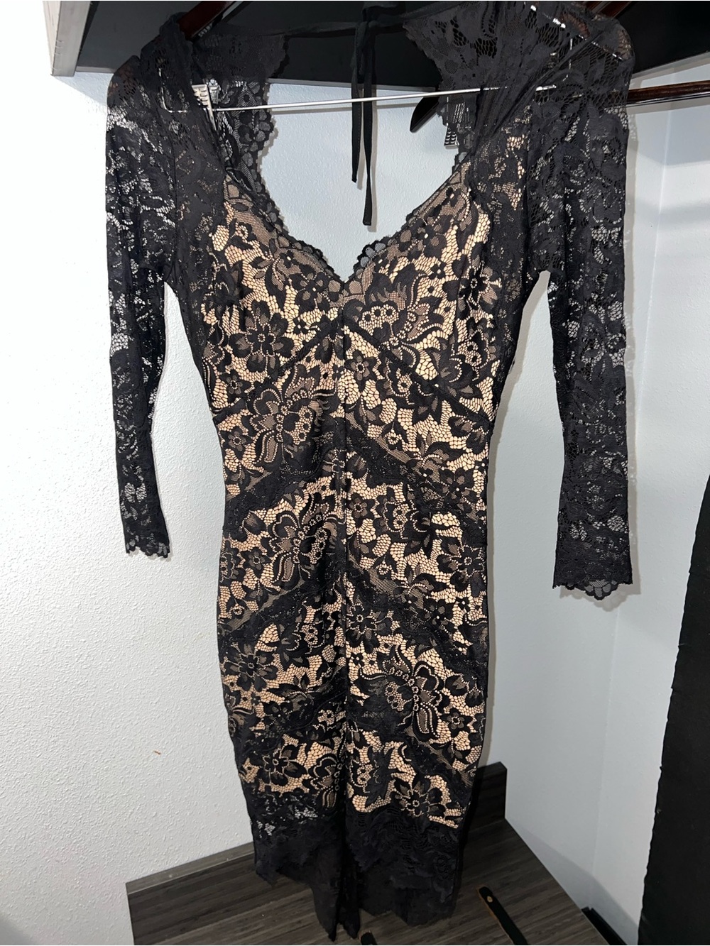 BEBE Black Lace Overlay Sheath Dress with Nude Lining